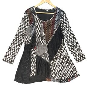 Boho Artsy Patchwork Houndstooth Lagenlook Tunic‎ Top Multicolor Mixed Print S